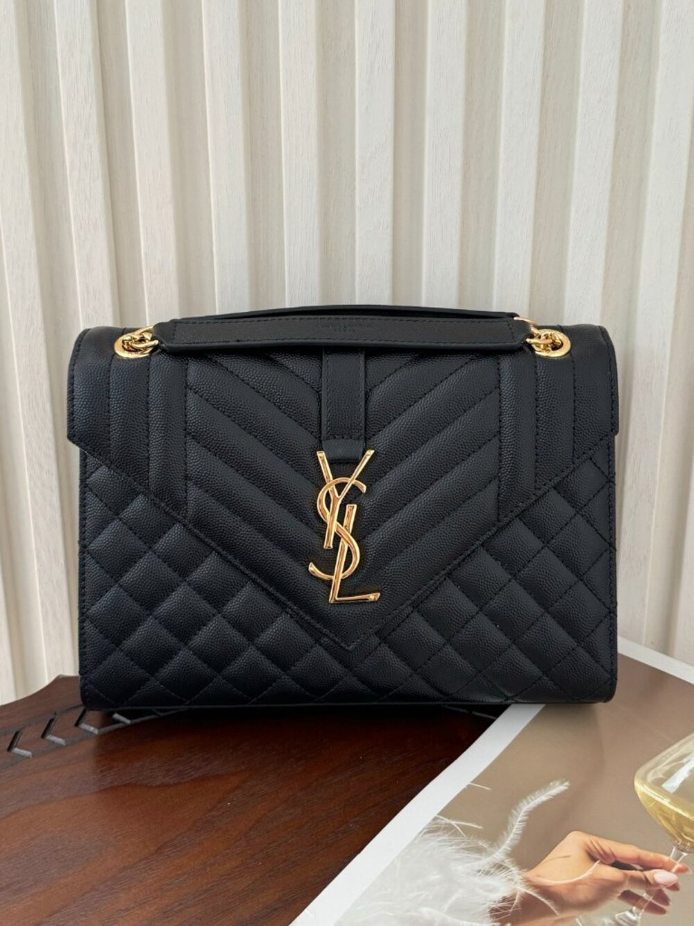 aint Laurent Medium Envelope Gold Hardware Shoulder Bag Black Grained Leather